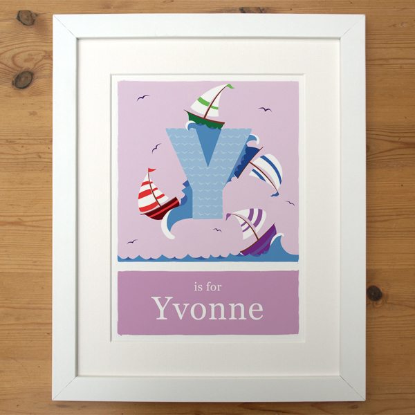 Personalised-yacht-alphabet-print-pink-with-white-frame