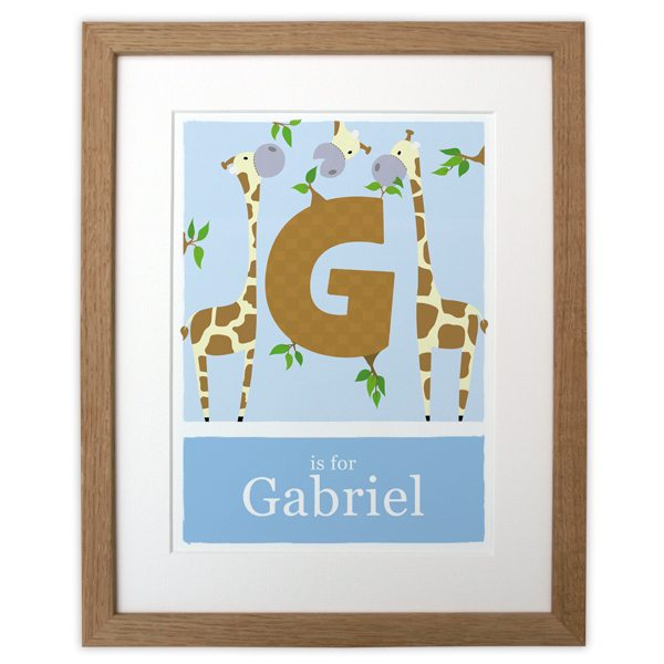 alphabet giraffe print blue in a solid oak frame
