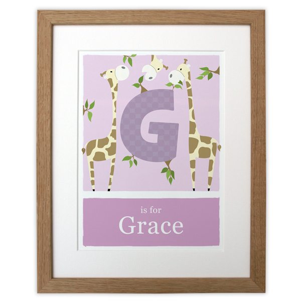 pink giraffe print in solid oak frame