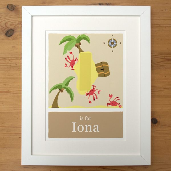 personalised island print beige in a smooth white frame