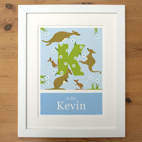 personalised-kangaroo-alphabet-print-blue-with-white-frame