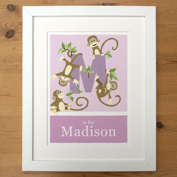 personalised-monkey-alphabet-print-pink-with-white-frame
