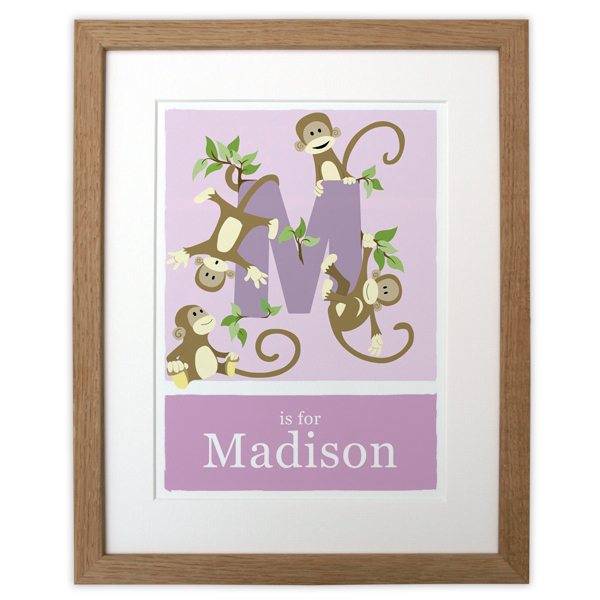personalised-monkey-alphabet-print-pink-with-wood-frame