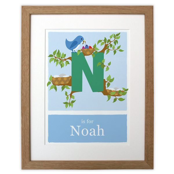 personalised-nest-alphabet-print-blue-with-wood-frame
