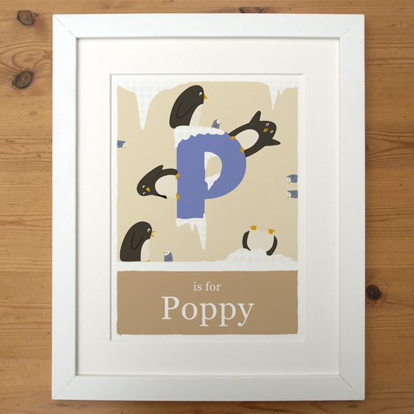 personalised-penguin-alphabet-print-beige-with-white-frame
