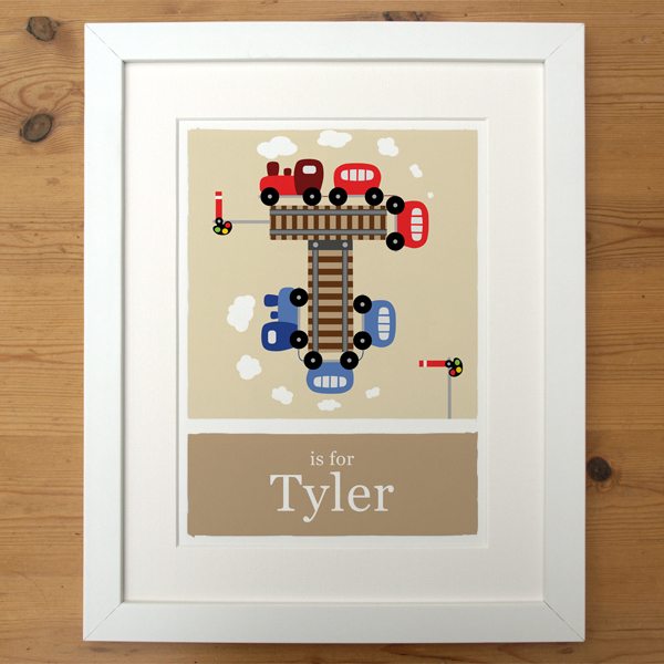 beige personalised train print in a smooth white frame