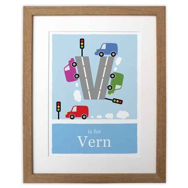 personalised-van-alphabet-print-blue-with-wood-frame