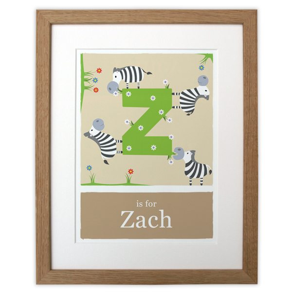 personalised-zebra-alphabet-print-beige-with-wood-frame