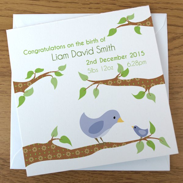 bird new baby card in blue