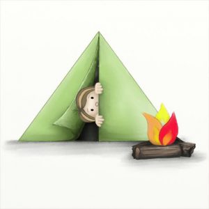 boy in tent with a little fire