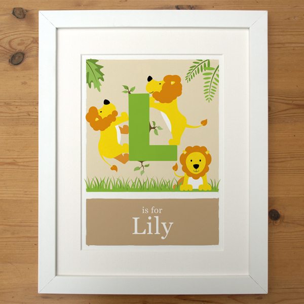 personalised lion print with smooth white frame