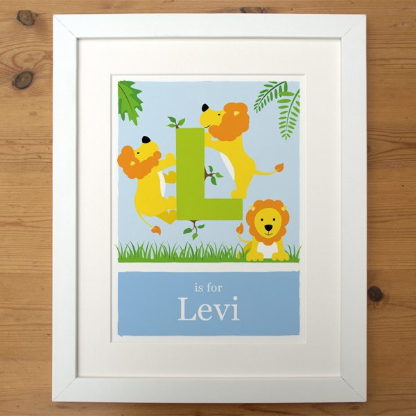blue personalised lion print in smooth white frame
