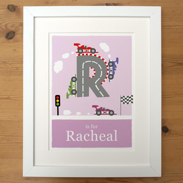 personalised racing car print pink in a smooth white frame