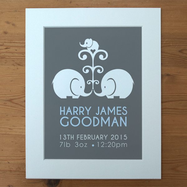 personalised new baby print in blue