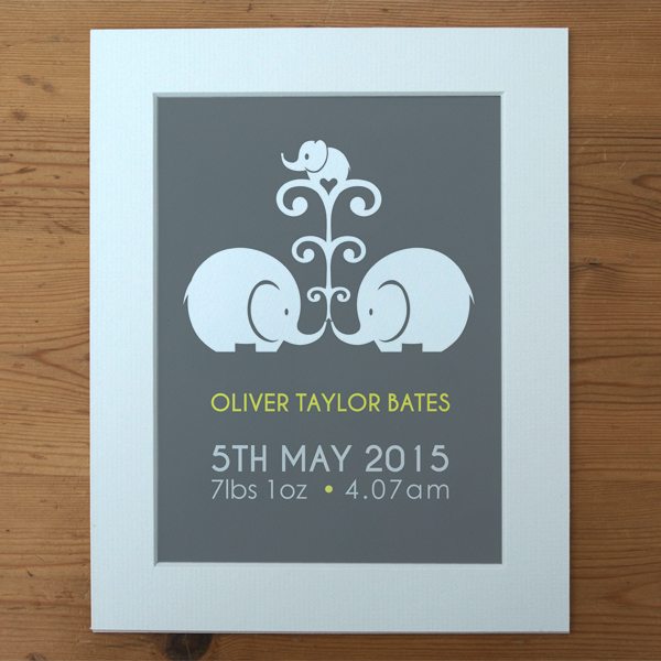 personalised new baby print in yellow