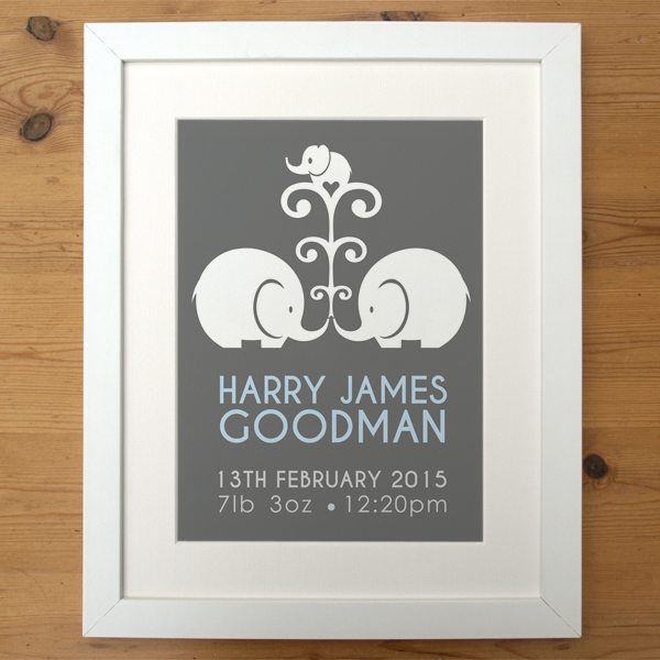 blue personalised new baby print in a smooth white frame