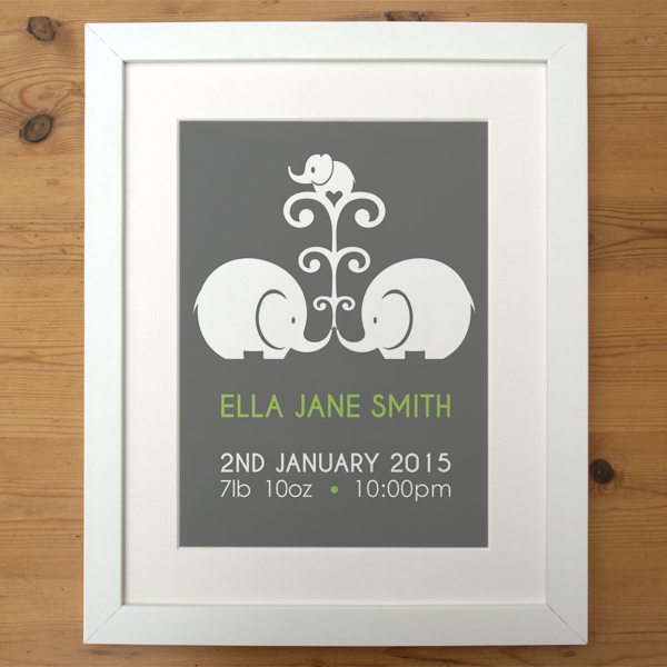 personalised elephant new baby print green in smooth white frame