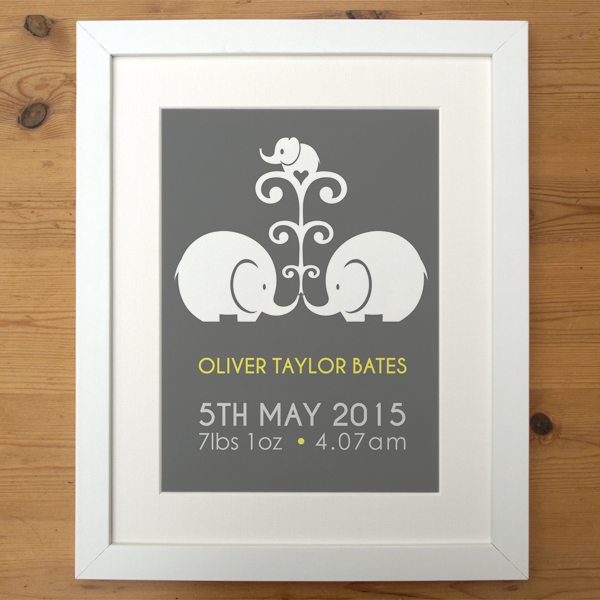 elephant new baby print yellow in smooth white frame