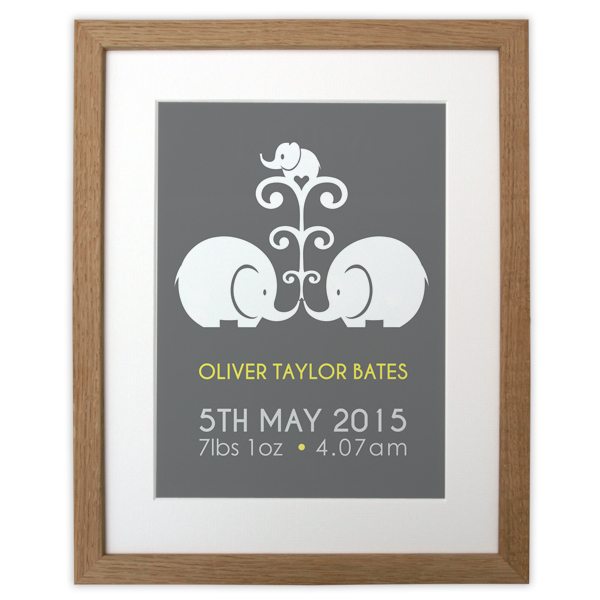 elephant new baby print yellow in solid oak frame