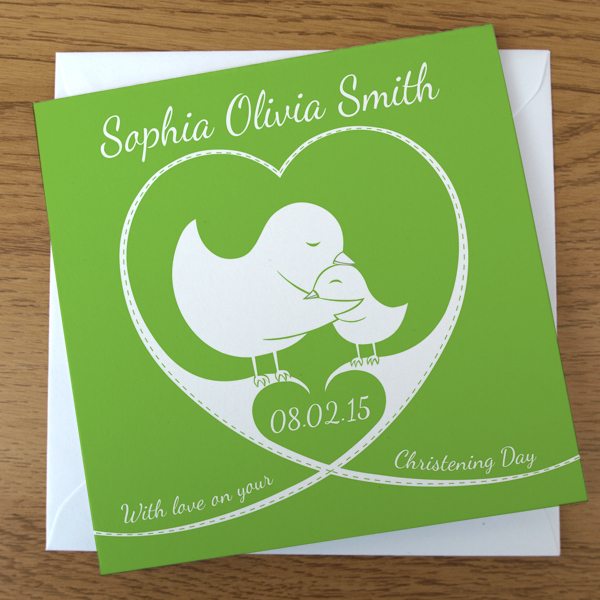 bird and heart christening card in greene