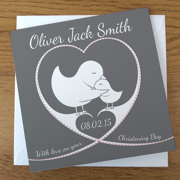 bird and heart christening card in grey