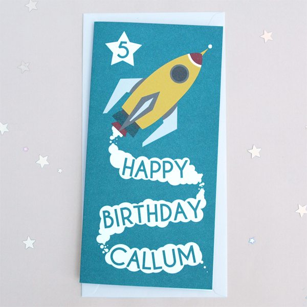 personalised space rocket birthday card