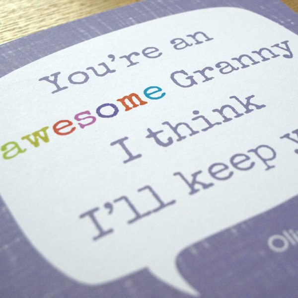 personalised mother's day card - granny you're awesome purple close up