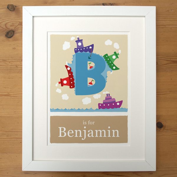 beige personalised boat print in smooth white frame