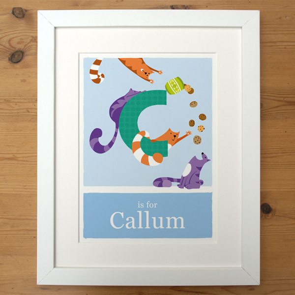 blue personalised cat print in smooth white frame